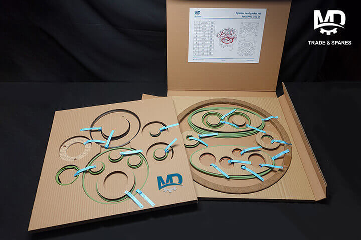 Cylinder Head Gasket Sets Suitable for MAN 51/60DF. Clearly organised and securely packed. Each component labelled with part identification and quantity. Detailed layout inside the box for quick reference.
In addition to MAN 51/60DF gasket set, we also supply cylinder head gasket sets suitable for MAN 48/60A, MAN 48/60B, MAN 48/60CR, MAN 58/64AB, MAN 58/64CD.
Spare parts for MAN 51/60 engines
Engine spares MAN 51/60
MAN 51/60 engine spares
MAN 51/60 spare parts
