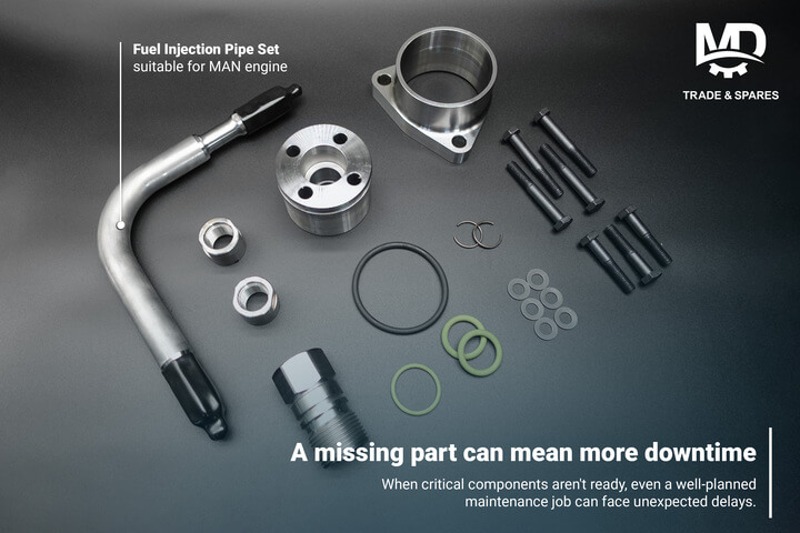 in frame: Fuel injection pipe set suitable for MAN engines
At MD Trade & Spares, we maintain over 6,000 spare parts in stock, supporting MAN 48/60, MAN 51/60, MAN 58/64 and Pielstick engines. From routine maintenance to planned overhauls and unexpected repairs, our goal is simple: to have the right parts available when you need them.
Engine spares MAN 48/60
Engine spares MAN 51/60
Engine spares MAN 58/64
MAN 48/60 engine spares
MAN 51/60 engine spares
MAN 58/64 engine spares