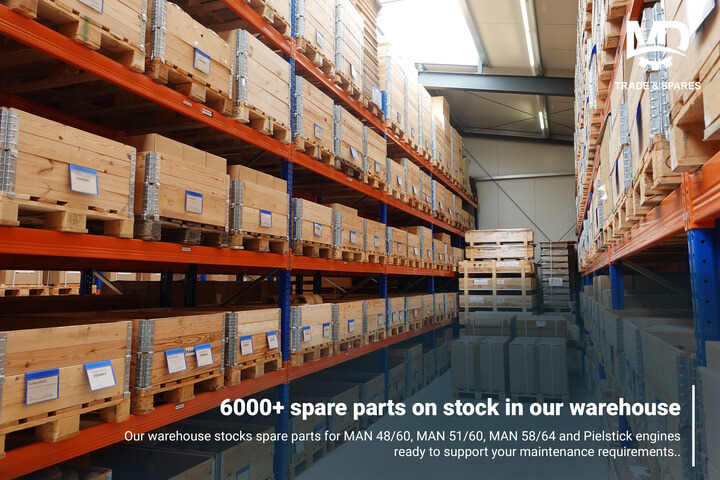 in frame: Our warehouse in Germany. 6000+ spare parts on stock, ready to deliver worldwide
At MD Trade & Spares, we maintain over 6,000 spare parts in stock, supporting MAN 48/60, MAN 51/60, MAN 58/64 and Pielstick engines. From routine maintenance to planned overhauls and unexpected repairs, our goal is simple: to have the right parts available when you need them.
MAN 48/60 spare parts
MAN 51/60 spare parts
MAN 58/64 spare parts
Pielstick PC2.2 spare parts
Pielstick PC2.5 spare parts
Pielstick PC2.6 spare parts